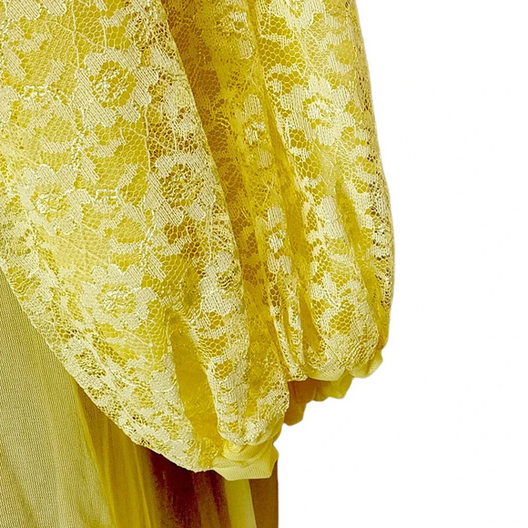 Vintage 60 70s Matching Peignoir Lace sheer Chiffon Set Size Large Medium Yellow - Picture 7 of 16